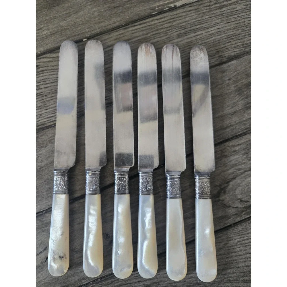 6 Antique Landers Frary & Clark Pearl & Sterling Silver Rose Band Butter Knives